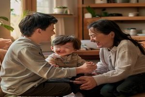 亲子教育打屁股视频画面，家庭场景中父母与孩子温馨互动，教育意义明显氛围温暖