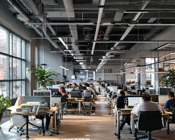 大屁股视频传媒公司宽敞现代化的开放式办公区域，员工专注工作于各自工位，墙面展示着打屁股视频品牌标语，整体氛围充满科技感与活力